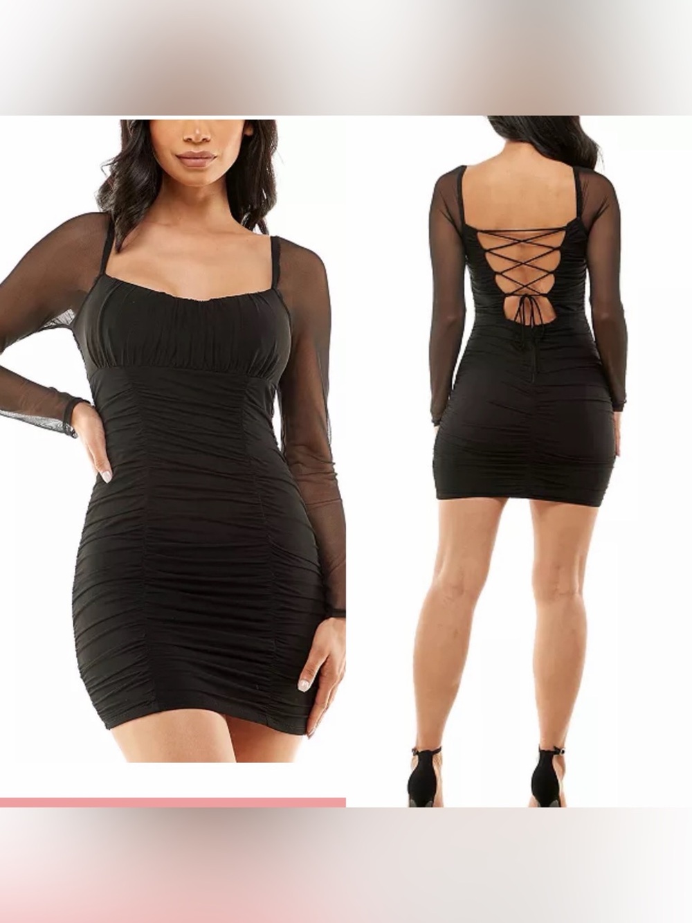 City Studios Emma Black Lace Up Long Sleeve Ruched Mini Dress Size Small